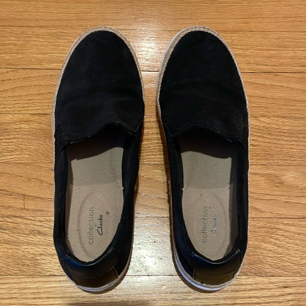 Clark’s women’s sneakers. Size 9 1/2. Black suede with rope braid. Worn twice.